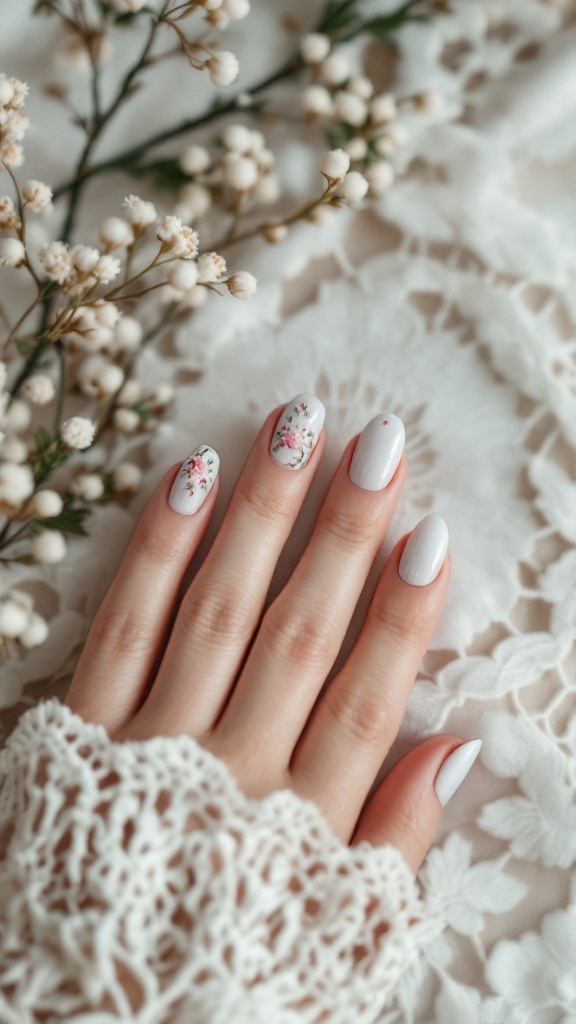 Beautiful floral nail art on a bride's hand with white and pink flowers.