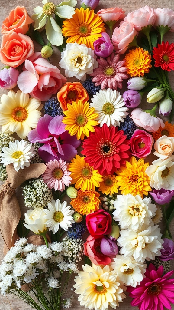 A colorful arrangement of various flowers including roses, daisies, and gerberas, perfect for wedding decorations.