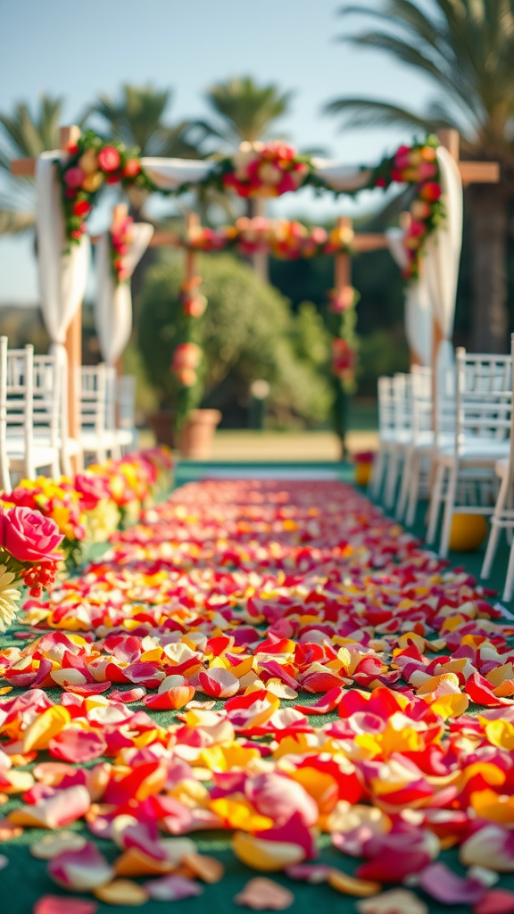 A wedding aisle decorated with colorful flower petals leading to an archway