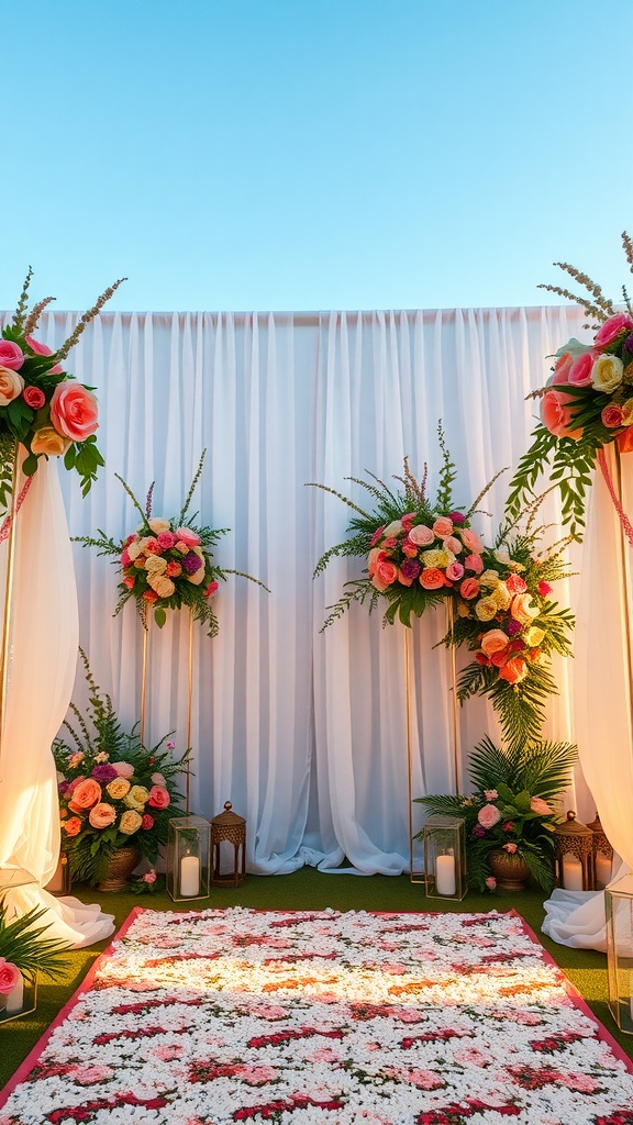 An elegant wedding ceremony backdrop with floral arrangements and drapery.