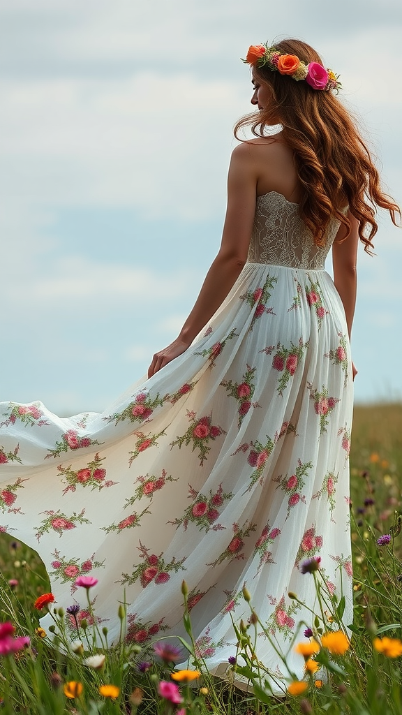A woman in a flowy bohemian wedding dress with floral embellishments, standing in a field of flowers.