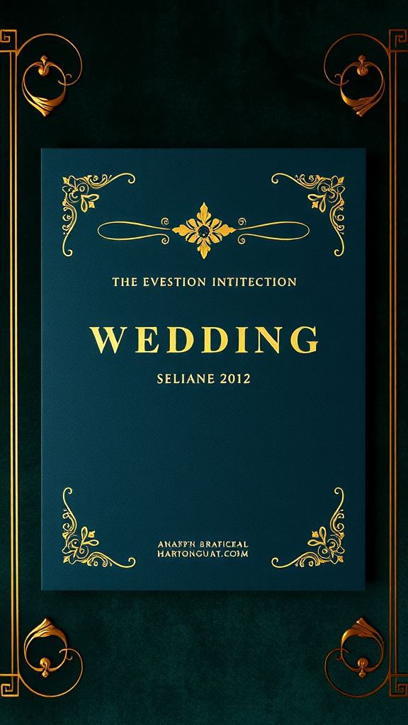 Elegant wedding invitation with foil accents in gold on a dark background.