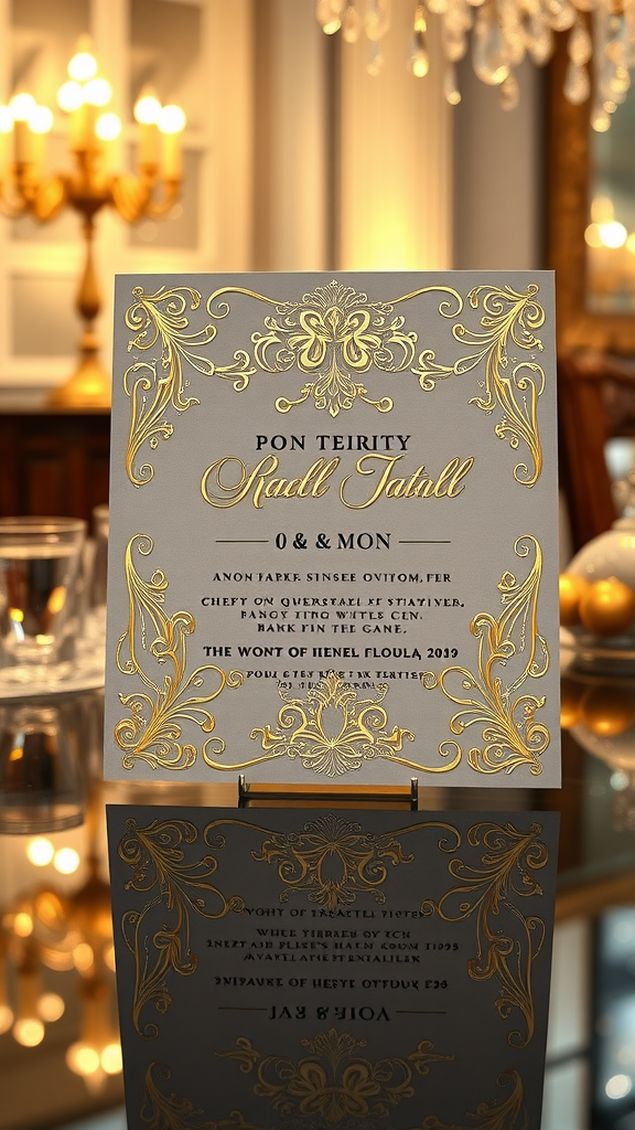 A luxurious wedding invitation card featuring intricate foil stamped accents in gold.