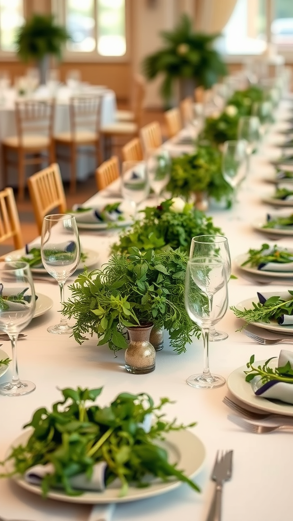 A beautifully arranged wedding table with fresh herbs as place settings.