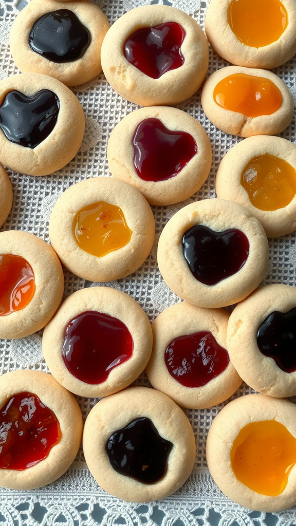 A close-up view of fruit-filled thumbprint cookies on a lace tablecloth, featuring various colored jams.