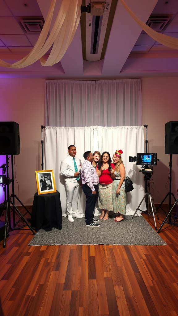 A group of five people posing in front of a photo booth at a wedding reception.