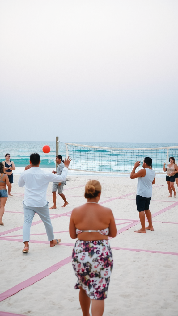 Guests enjoying a game of beach volleyball at a wedding.