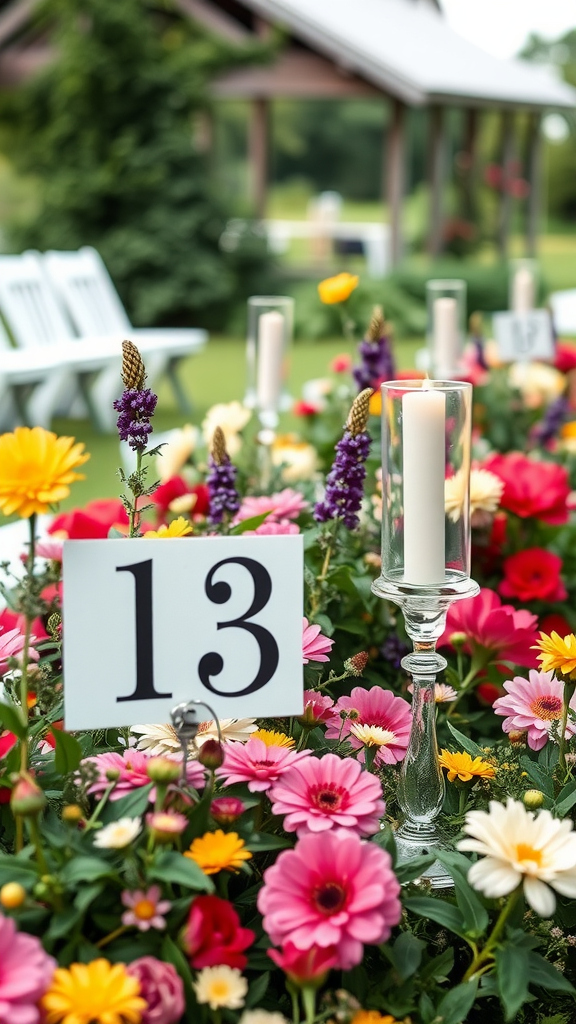 Table number 13 surrounded by colorful flowers and candles at a garden wedding.