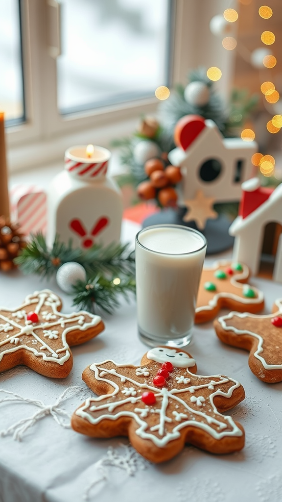 A festive display of gingerbread cookies with milk on a table, decorated for the holiday season.