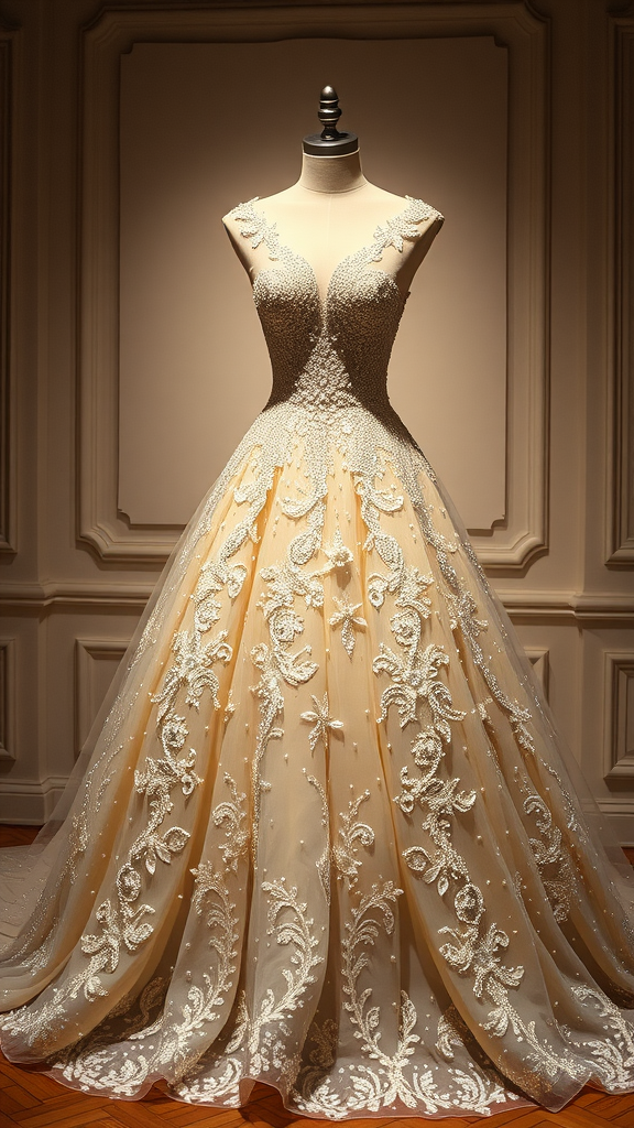 Elegant ball gown wedding dress with sparkling accents and intricate beading.