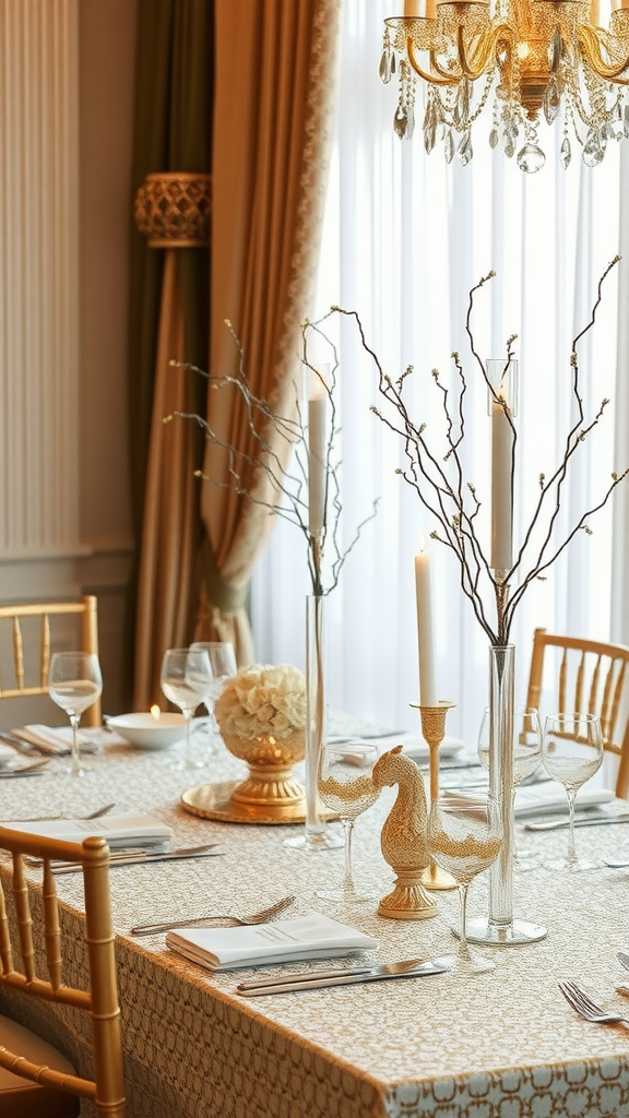 A beautifully set wedding table with metallic decorations, including elegant vases and candle holders.