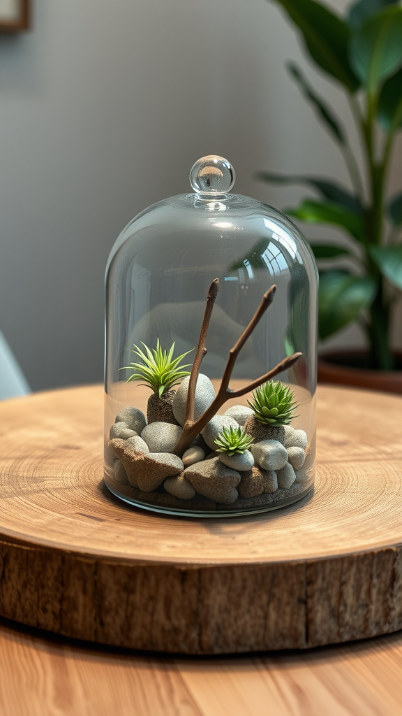 A glass terrarium with plants and stones inside, sitting on a wooden table.