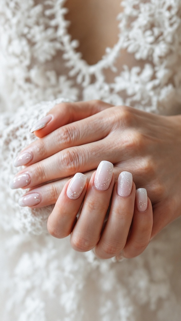 Close-up of a bride's hands showcasing glitter ombre nails with a soft color gradient.