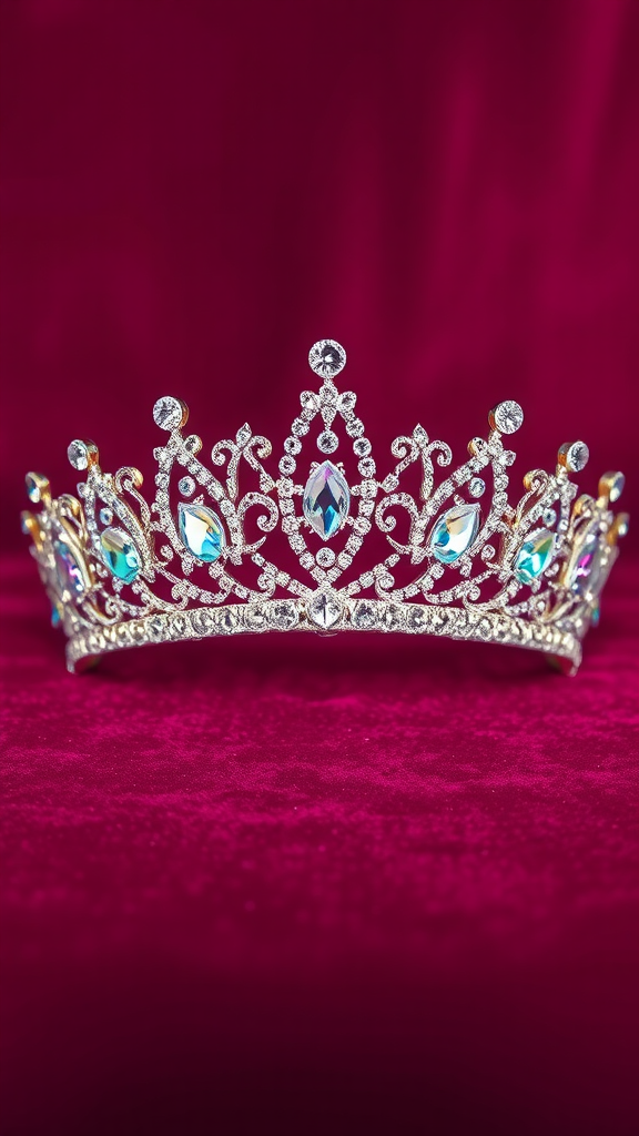 A sparkling tiara with intricate designs and gemstones displayed on a plush surface.