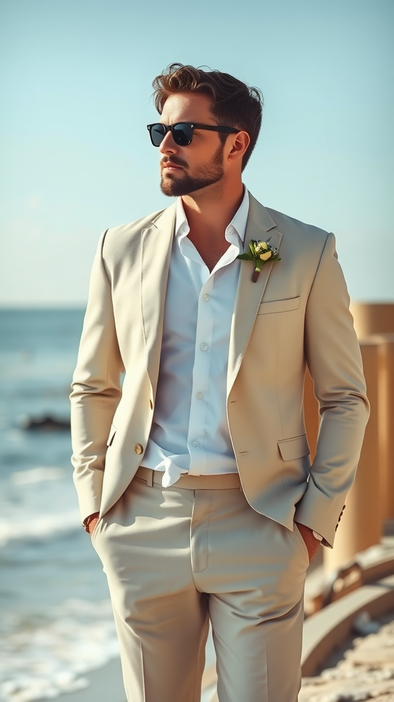 Groom in a light-colored suit standing on the beach with the ocean in the background.