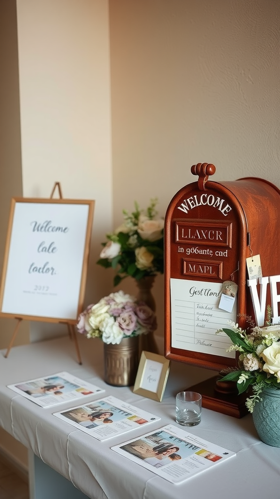 A wedding welcome table featuring a decorative mailbox for guest messages, a sign, and floral arrangements.