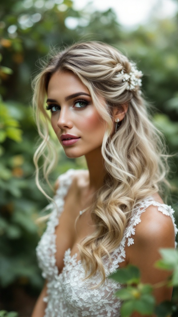 A bride with a half-up half-down hairstyle, featuring soft waves and floral hair accessories.