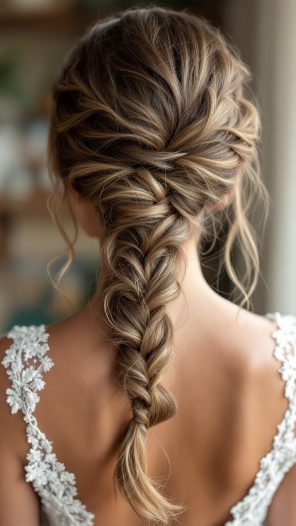 Half-up, half-down wedding hairstyle featuring a fishtail braid detail.