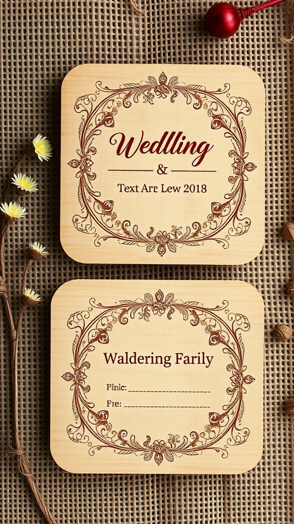 Handcrafted wooden wedding invitation with floral designs and space for names and details.