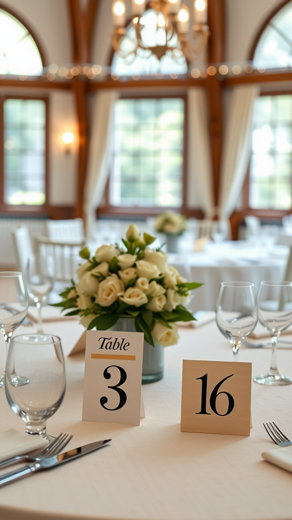 A beautifully set wedding table featuring handmade table numbers 'Table 3' and 'Table 16' alongside a floral centerpiece.