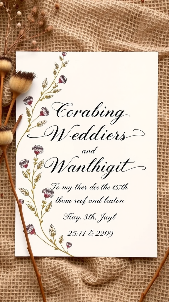 Rustic wedding invitation featuring handwritten calligraphy and floral designs.