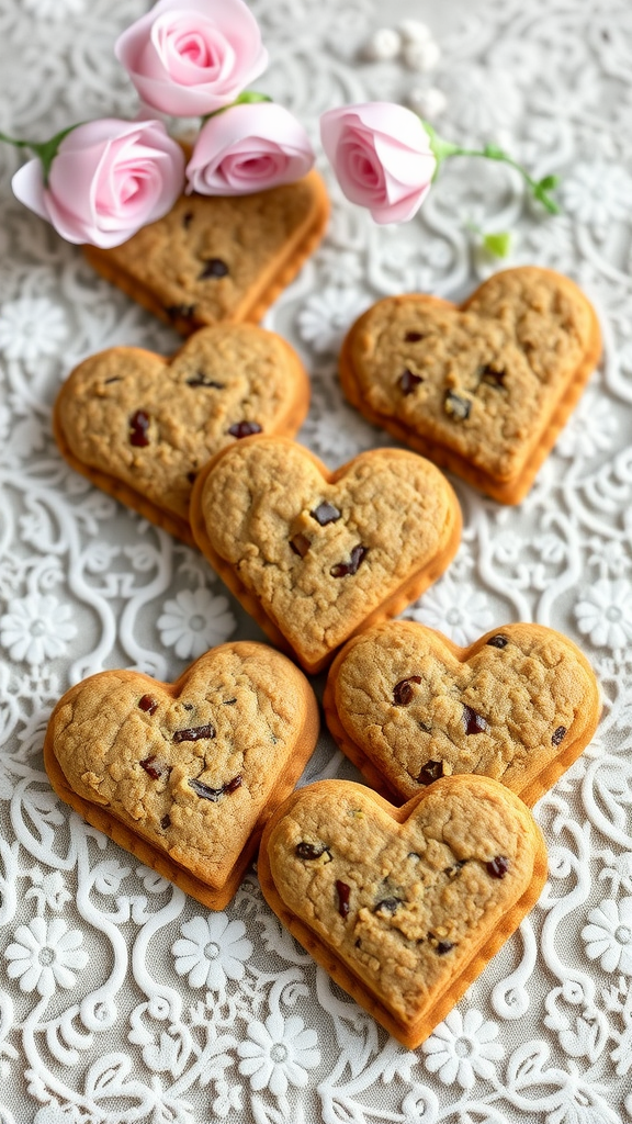 Heart-shaped oatmeal raisin cookies decorated with pink roses