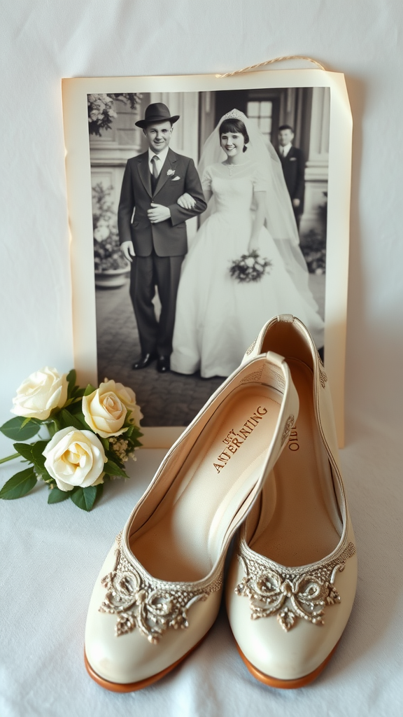 A pair of elegant wedding shoes in front of a vintage wedding photo and white roses.