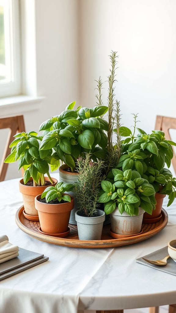 A round wooden tray with various small pots of herbs on a table.