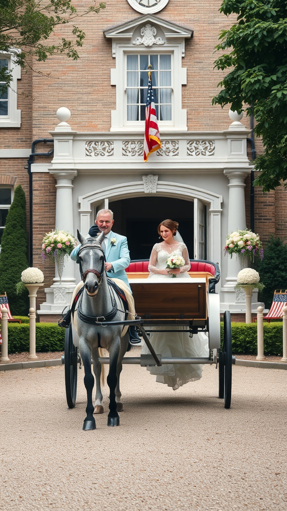A bride arriving in a horse-drawn carriage with the groom, in front of a beautiful building.