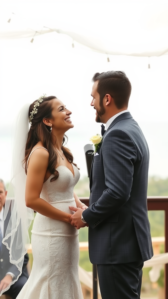 A couple exchanging smiles and vows during their wedding ceremony.