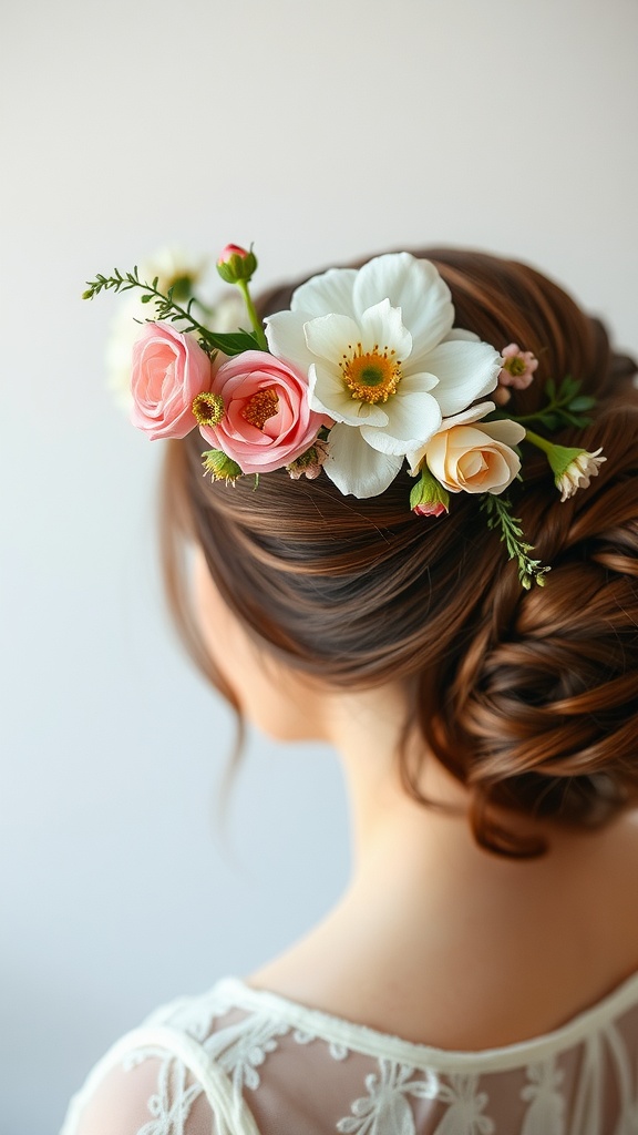 A beautiful flower crown made of pink roses and white flowers, styled in a bride's hair.