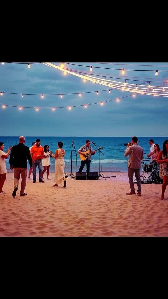 A beach wedding with guests dancing around a live band under string lights.