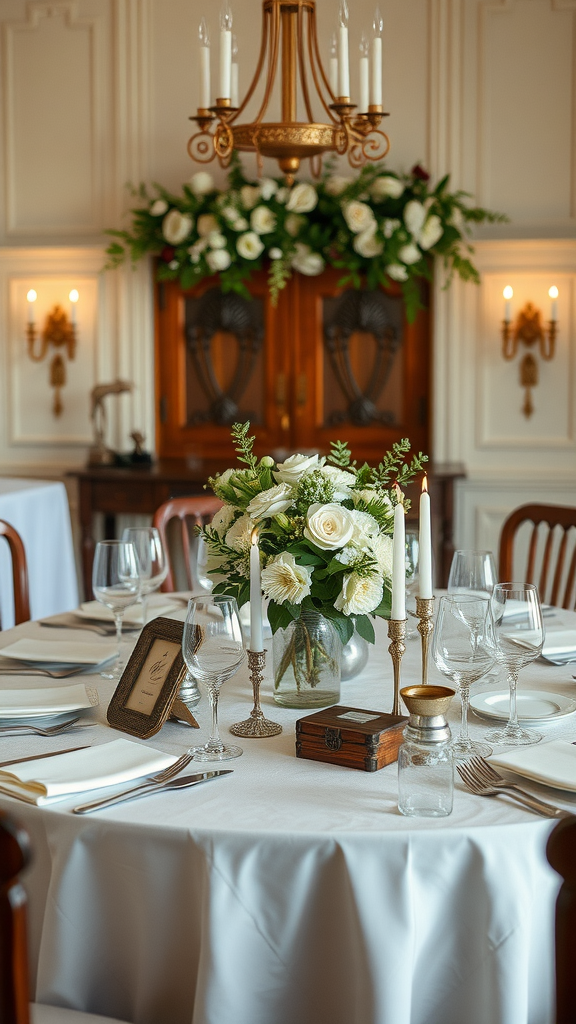 Elegant wedding table with floral centerpiece, candles, and family heirloom decorations.