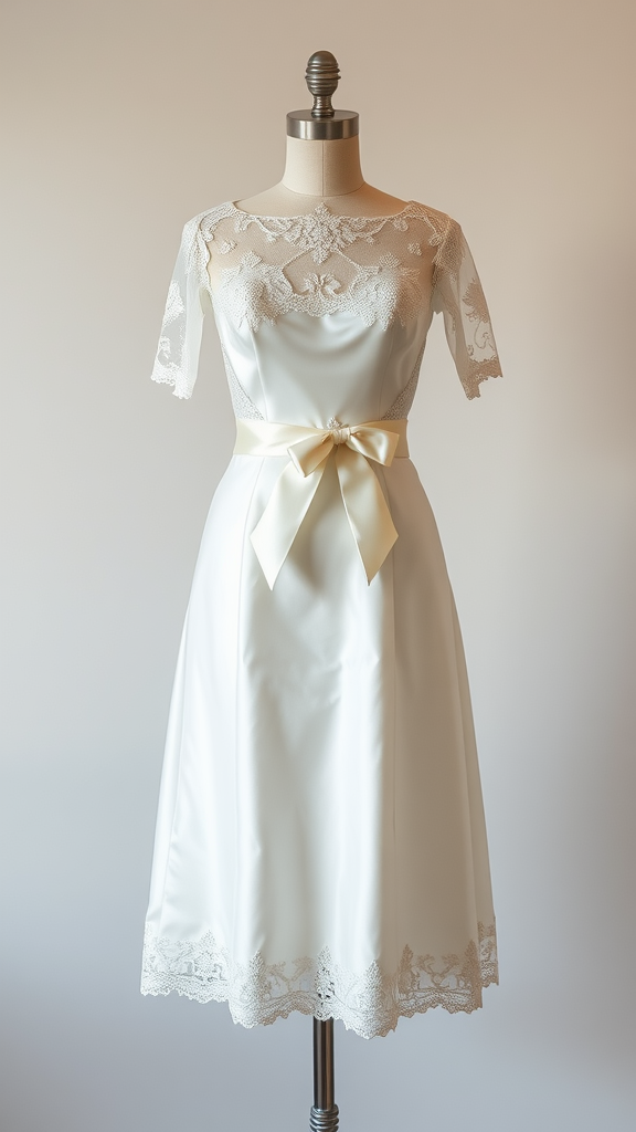 Satin wedding dress with lace details and a ribbon