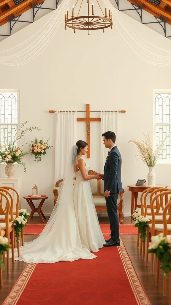A couple holding hands during a wedding ceremony in a minimalist setting.