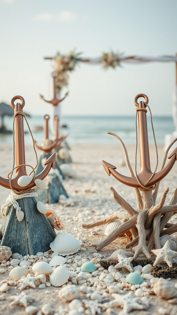 Nautical wedding decor featuring anchors and seashells on the beach.