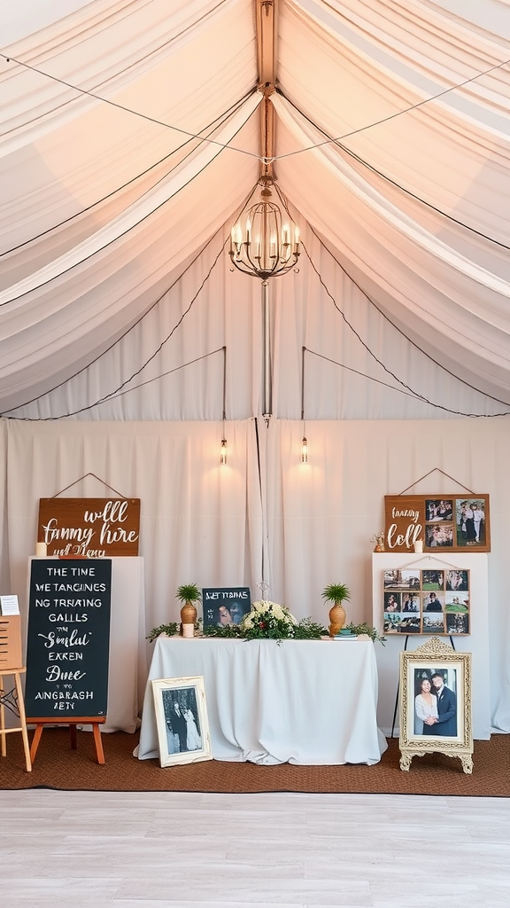 Decorated wedding tent with photos and signage
