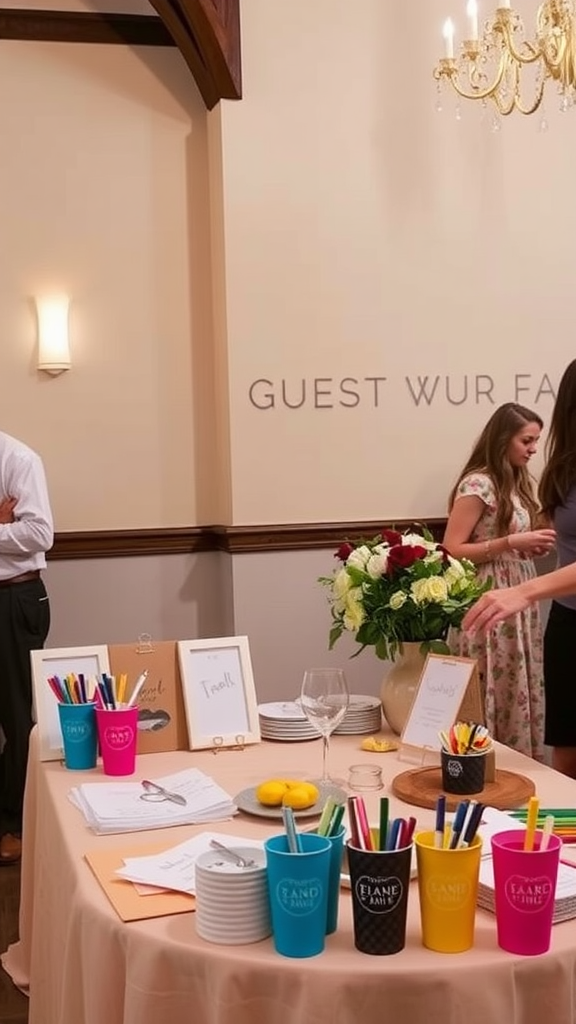 A colorful guest book station with pens and floral arrangements at a wedding reception.