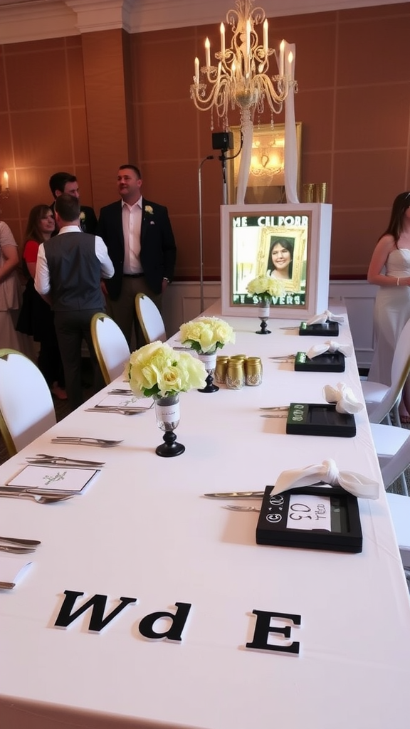 Wedding table with interactive features, including a photo display and personalized seating cards.