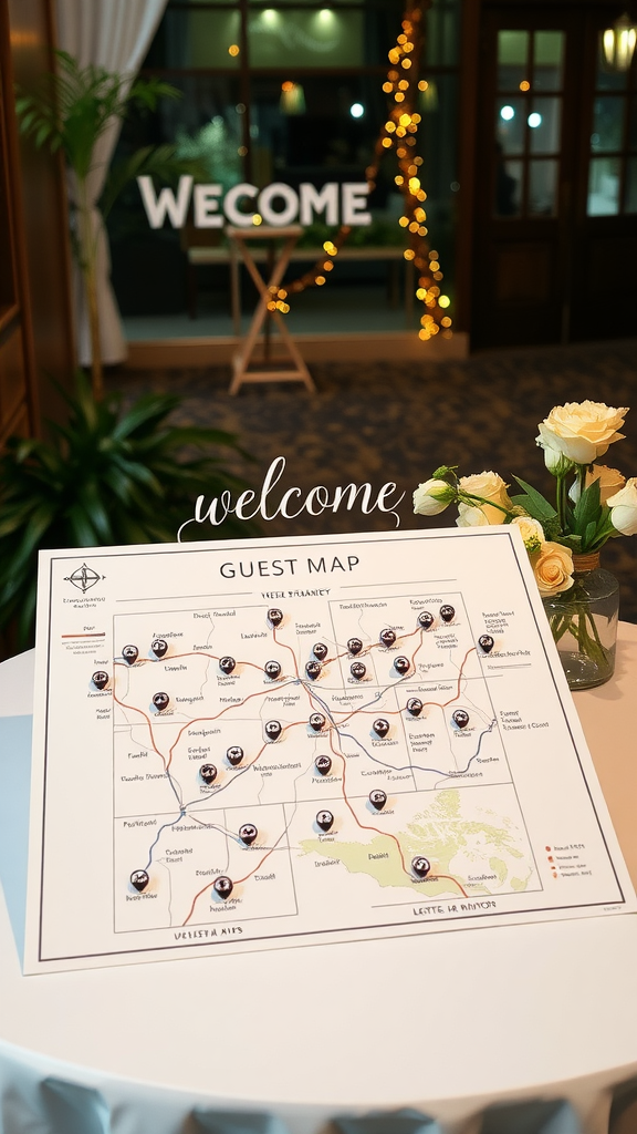 A wedding guest map displayed on a table with a welcoming sign in the background.