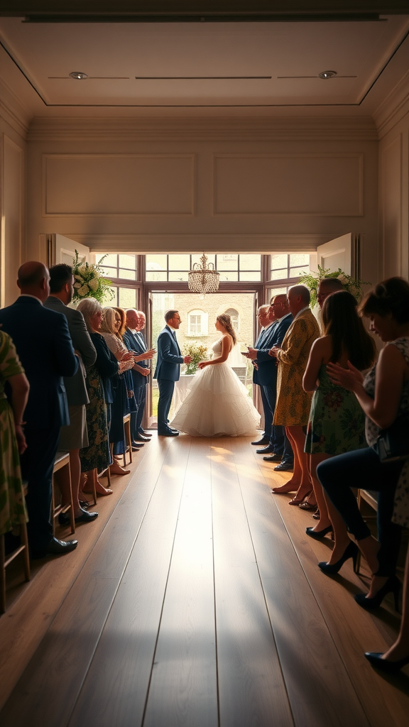 A bride and groom standing together at their wedding entrance, surrounded by guests who are clapping and smiling.