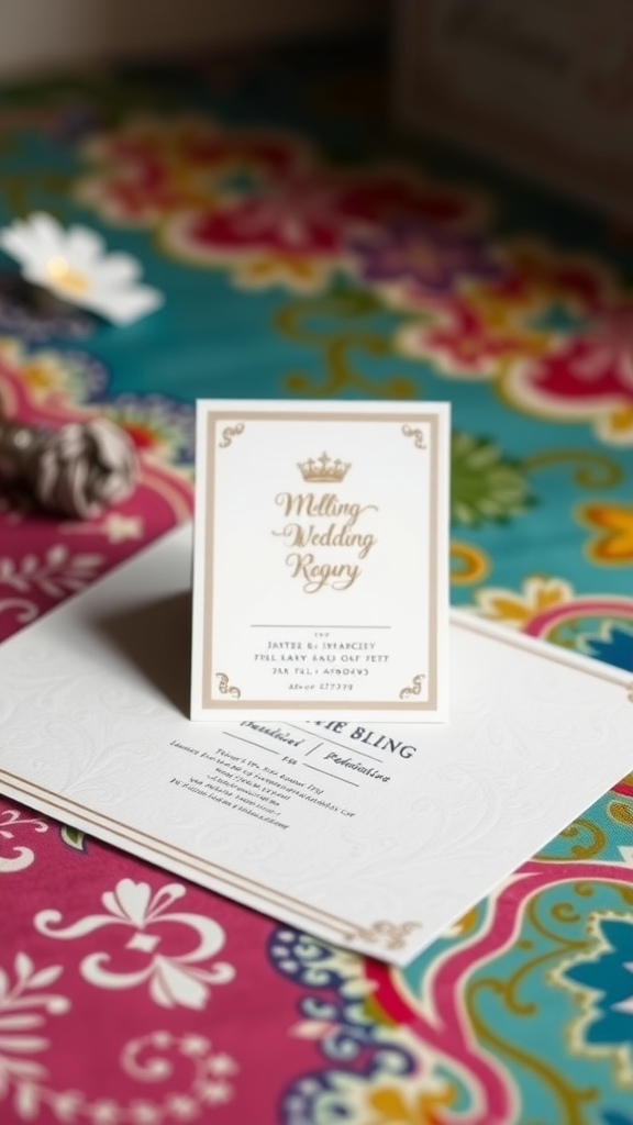 A beautifully designed wedding invitation on a colorful patterned background.