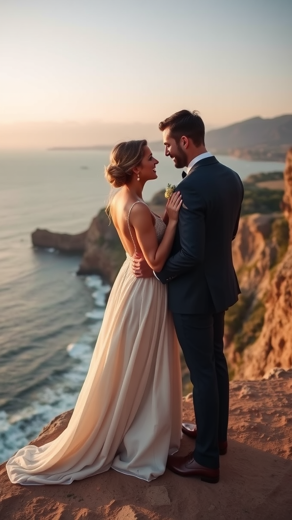 A wedding ceremony taking place on a cliffside overlooking the ocean with a view of the waves.