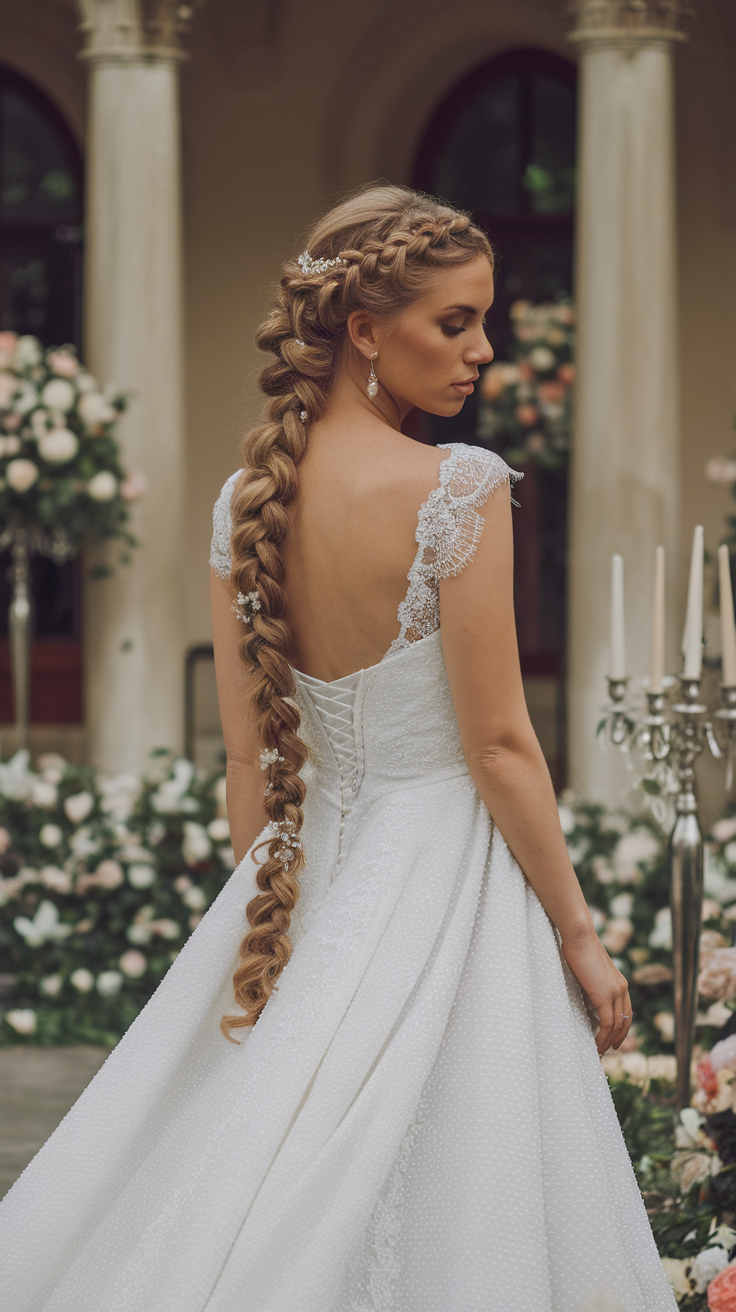 Bride from behind showcasing an intricate Dutch braid updo with twists