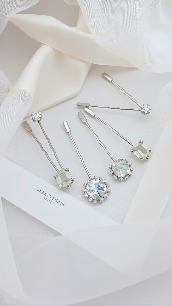 A collection of ivory and crystal hairpins laid on a soft fabric