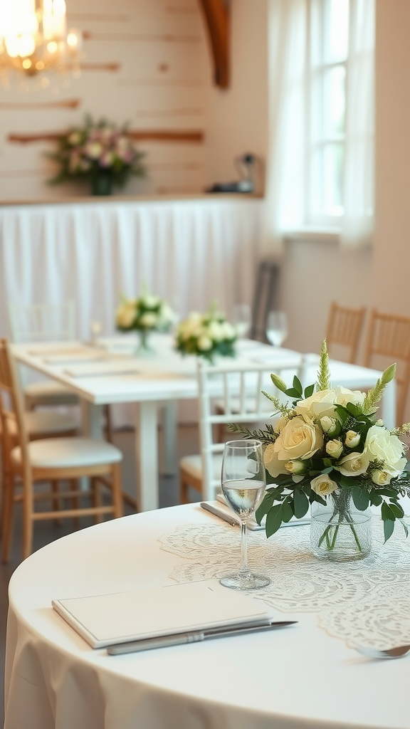A beautifully decorated wedding table with a lace table runner and floral centerpiece.