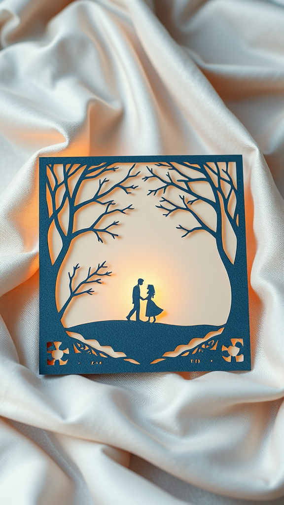 A laser-cut wedding invitation depicting a couple walking under trees, illuminated softly.