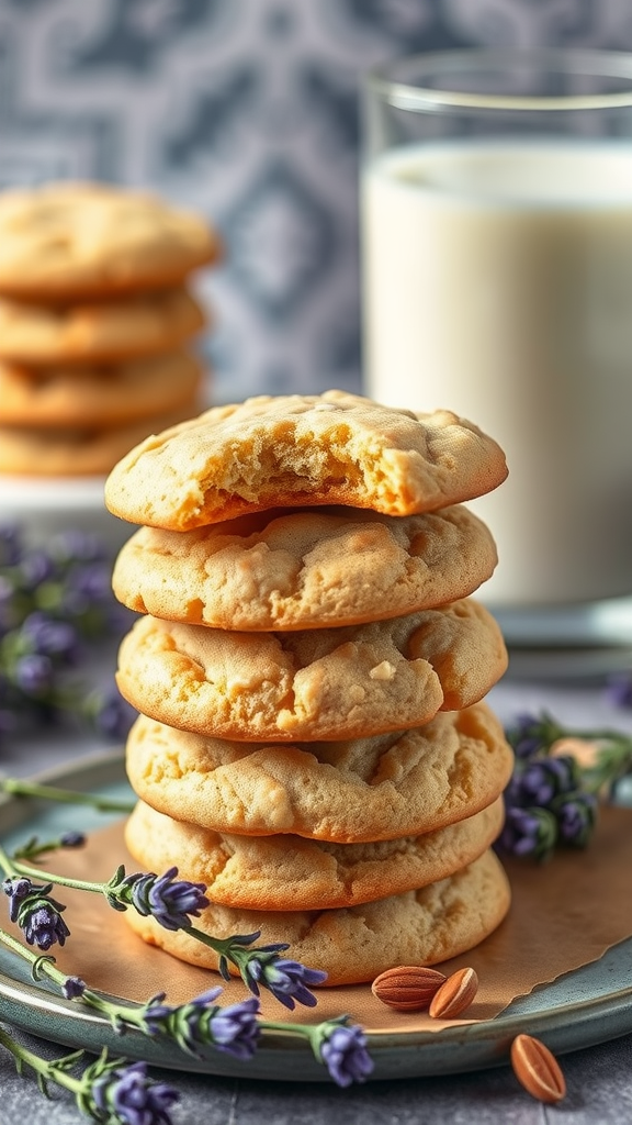 A stack of lavender honey almond cookies beside a glass of milk, garnished with lavender sprigs and almonds.