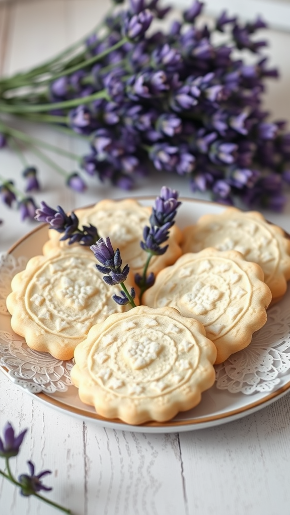A plate of lavender infused shortbread cookies with a sprig of lavender on top