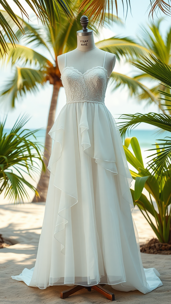 A beautiful beach wedding dress displayed on a mannequin surrounded by palm trees.